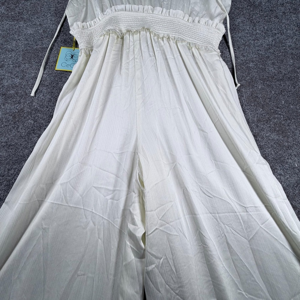 NWT CeCe Plisse Jumpsuit Womens XL White V-Neck Comfort Smocked-Waist Sleeveless - Picture 14 of 16
